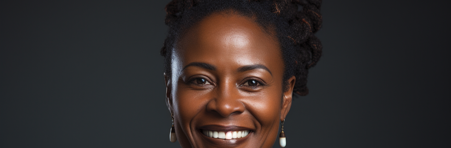 dark-skinned middle-aged black female psychologist with warm, smiling eyes; a LinkedIn profile picture