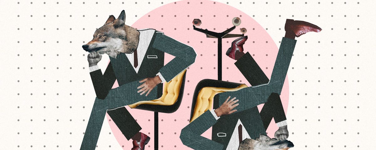 Digital collage featuring a pair of wolves in business suits, seated on vintag swivel-style office chairs. The wolves are mirror images of each other, but flipped horizontally as well as vertically. The image background resembles an old piece of pegboard.