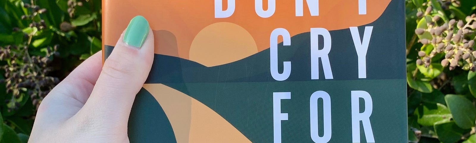 A hardcover copy of Don’t Cry For Me by Daniel Black is held up with one hand in front of a green leafy bush. The cover shows an image of a black man looking out towards a path with a sunset.