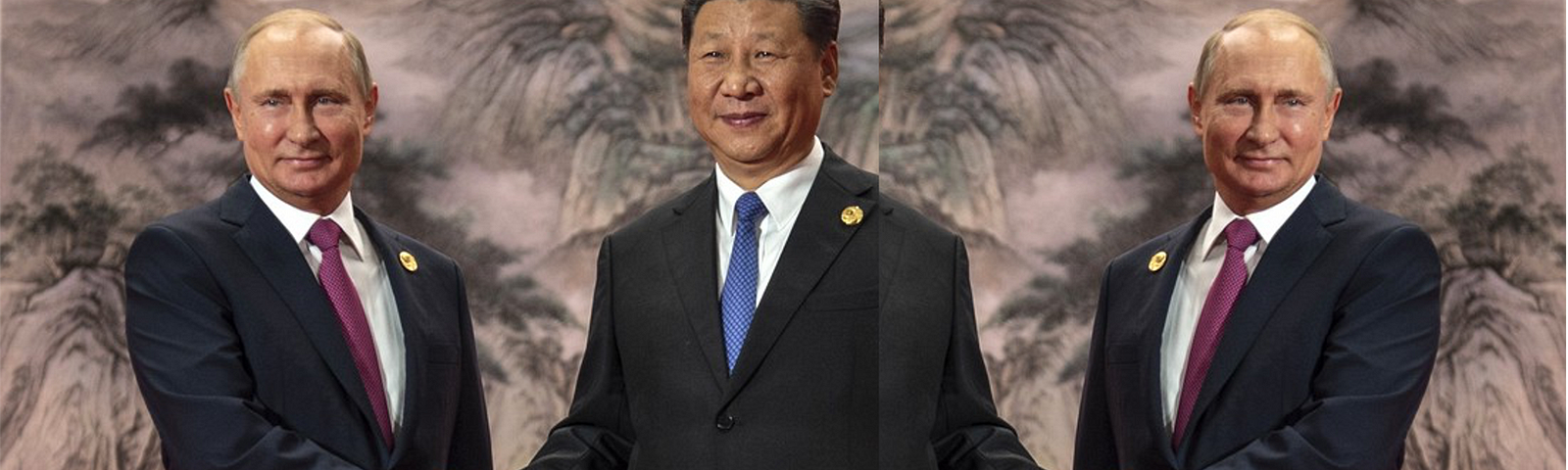 Modified mirror image of Presidents Putin and Xi shaking hands. Mirrored to look as if Xi is shaking hands with Putin on his Left and on his Right. At once, suggesting that Putin is screwing him ‘coming and going’ and/or reminding us that Xi ‘blessed’ the invasion at its start (pre Beijing’s Winter Olympics) and is now bookending the slaughter and blow-up-a-hole-in-yet-another-former-soviet-republic-and-fill-it infrastructure rebuild contracts with talks of ‘peace’. Quite a pair.