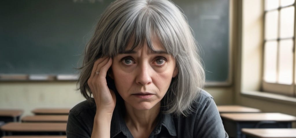 Frazzled, gray-haired teacher overwhelmed and missing her friends.