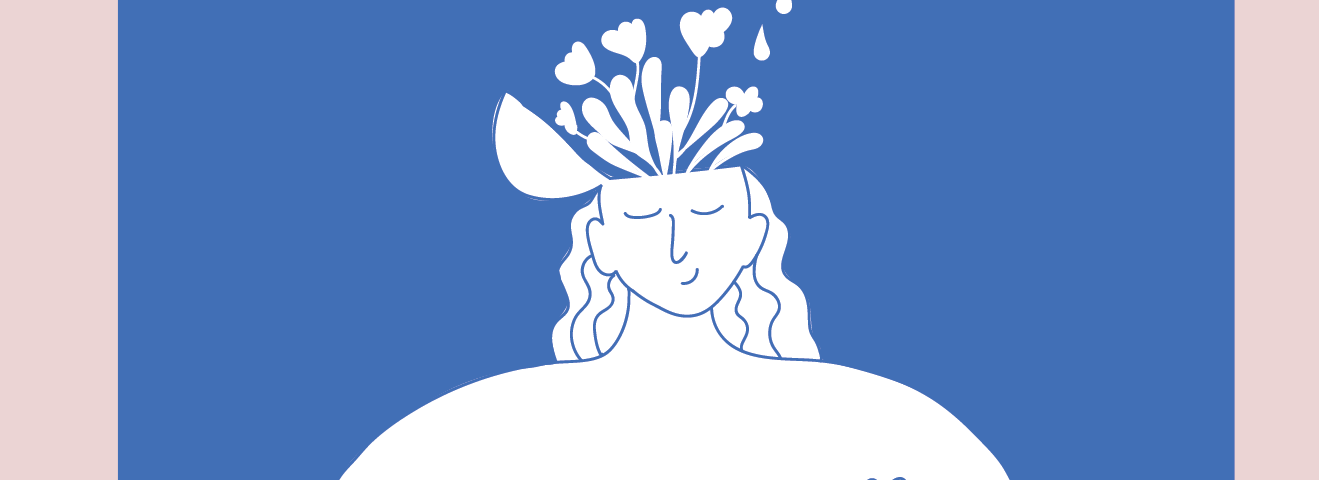 Line drawing of female figure with an open head and flowers sprouting out of the top, with a watering can pouring water in. Against a medium blue background.