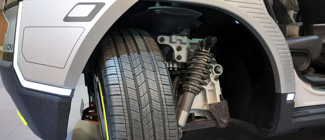 IMAGE: A picture of the rear wheel of a Hyundai Ioniq 5 with the so called Mobis wheel, that allows for complete perpendicular turns that can make the vehicle go sideways
