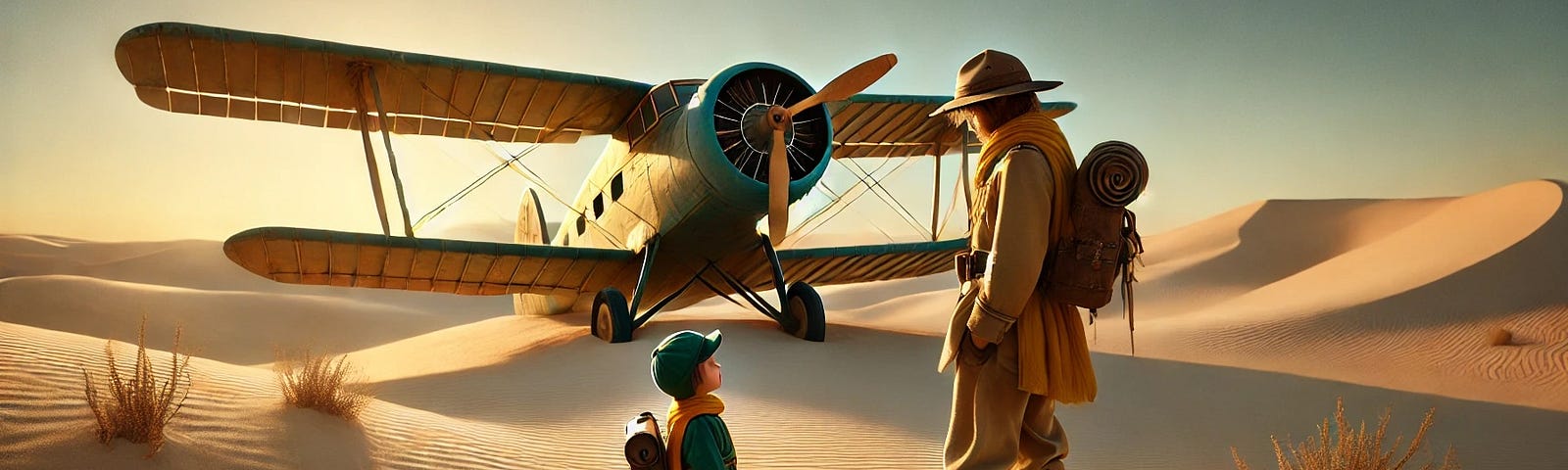 A serene desert scene featuring a small child dressed in a green outfit with a yellow scarf, standing in front of an adult wearing explorer attire. They are in conversation beside a vintage airplane, partially buried in the sand dunes. The sky is clear, with warm, soft light casting gentle shadows across the sand, creating a peaceful and dreamlike atmosphere