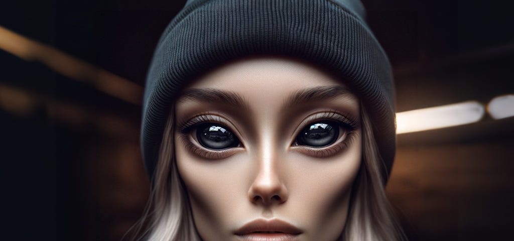 close up of alien looking woman in toque