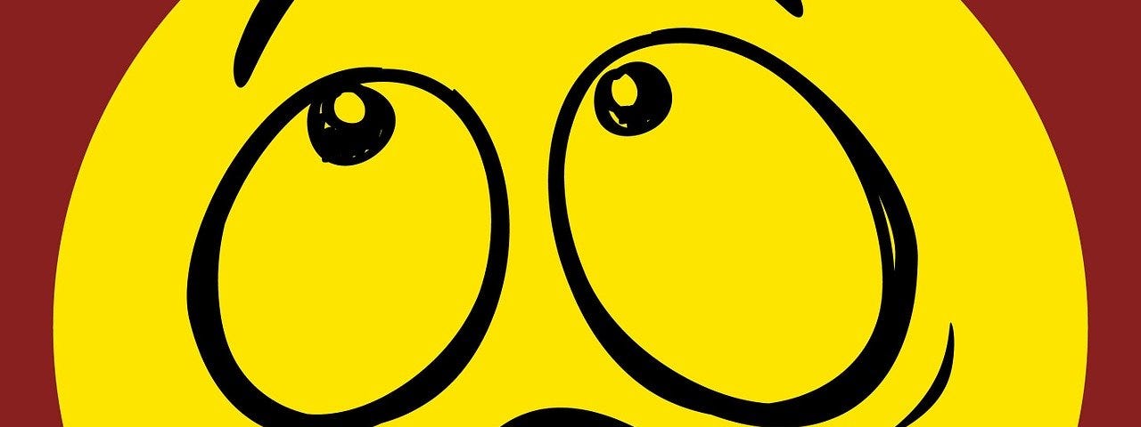 A cartoon of a surprised emoji looking frustrted with large eyes and an open mouth.