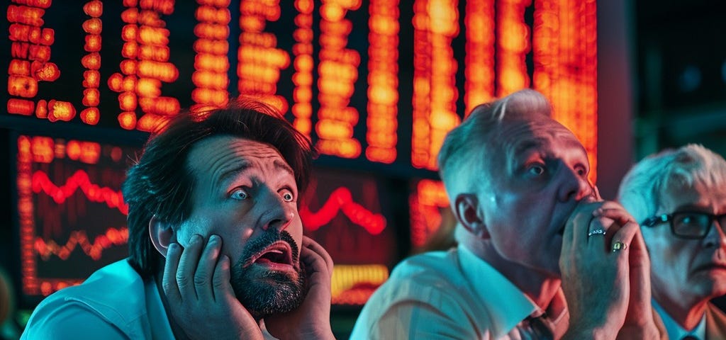 Anxious traders staring at screens displaying stock market data in a dimly lit trading room.