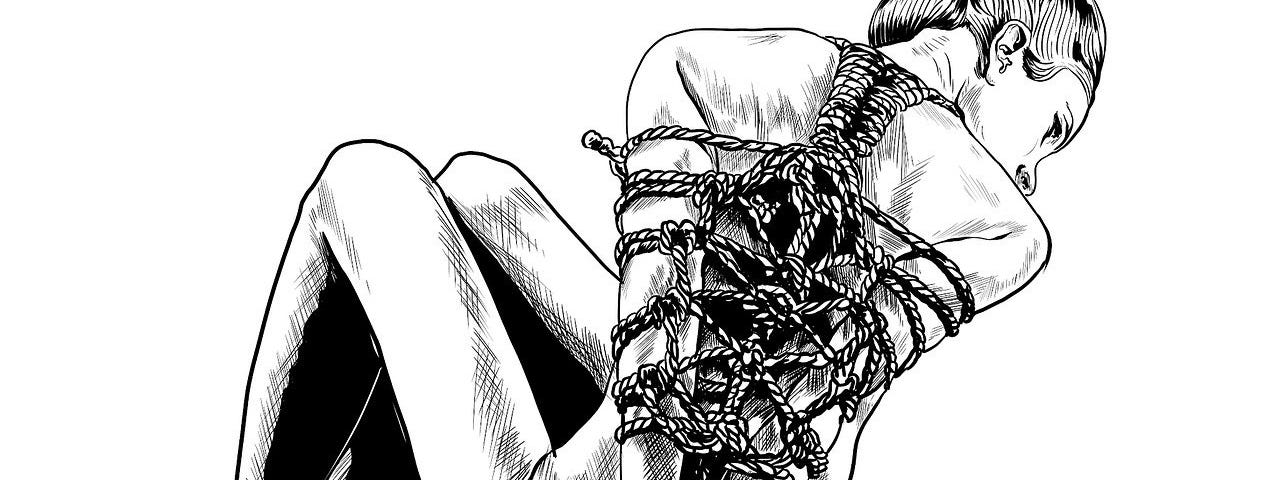 Black & white drawing of a woman tied up in shibari or kimbaku style