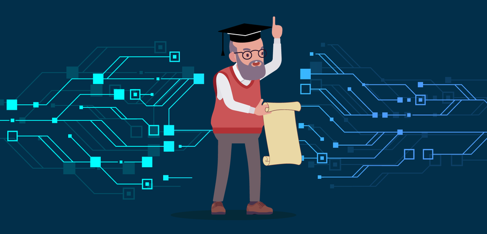 Illustration of an older man wearing a graduation cap, a sweater vest, and slacks, holding a scroll and pointing upwards on a background of circuitry