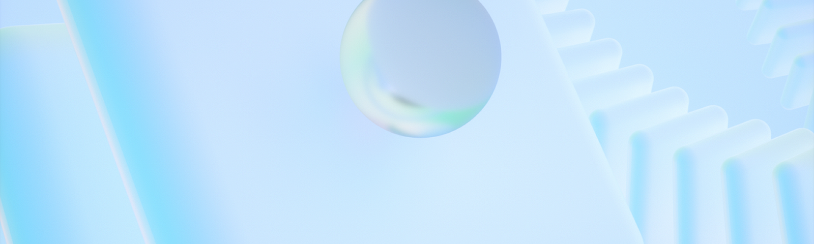 An abstract image of a bubble-like sphere superimposed on rectangular shapes, all in hues of light blue and purples