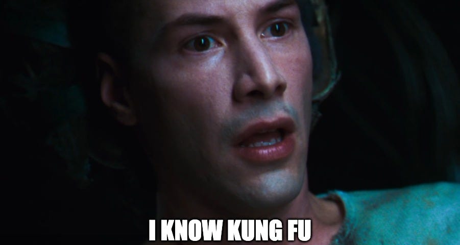 a meme of The Matrix scene in which Neo realises he knows Kung Fu