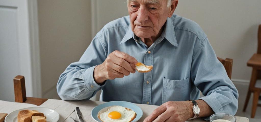 Man having breakfast with blue eggs.