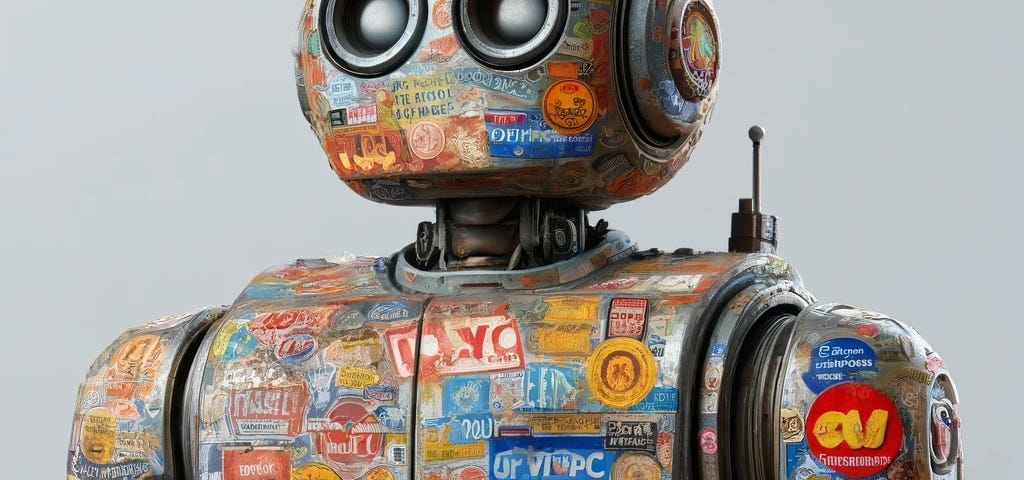 IMAGE: An illustration of a robot covered in old, worn-out advertising stickers, capturing the robot’s aged and well-used appearance, with a surface cluttered with peeling and faded stickers from various promotions