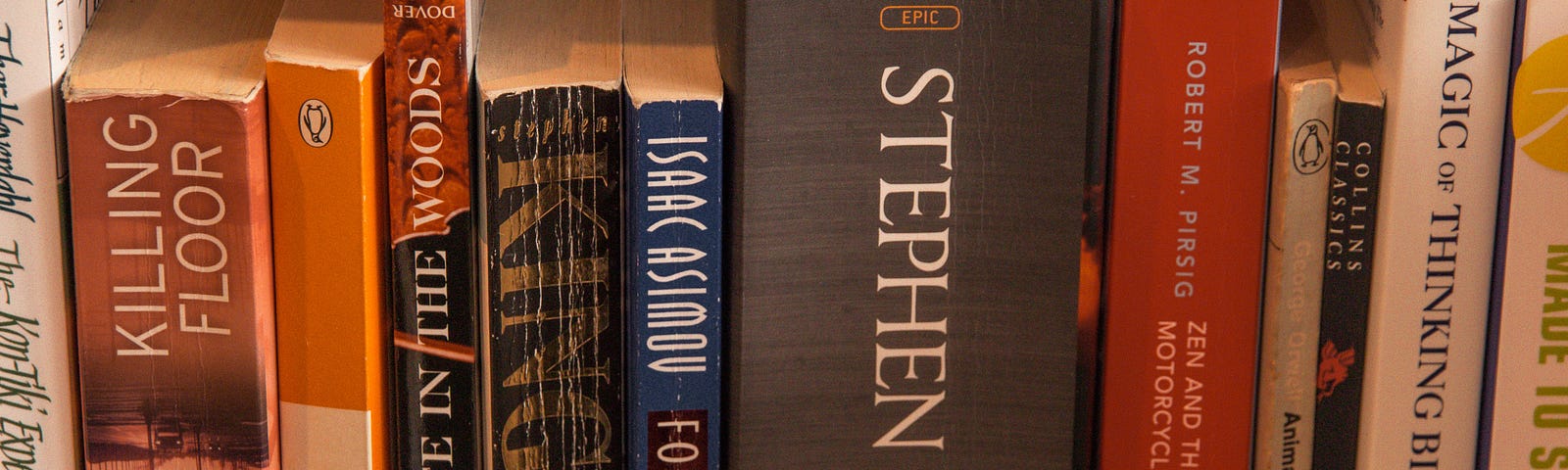 A photograph of books on a bookshelf, provided by Stephen Phillips — Hostreviews.co.uk on Unsplash. Photo centers on Stephen King’s IT, with Isaac Asimov’s Foundation and Empire paperback to the left, followed by King’s Misery in paperback. Sun Tzu’s Art of War in paperback is 3 books to the right of IT. Just so many good books.