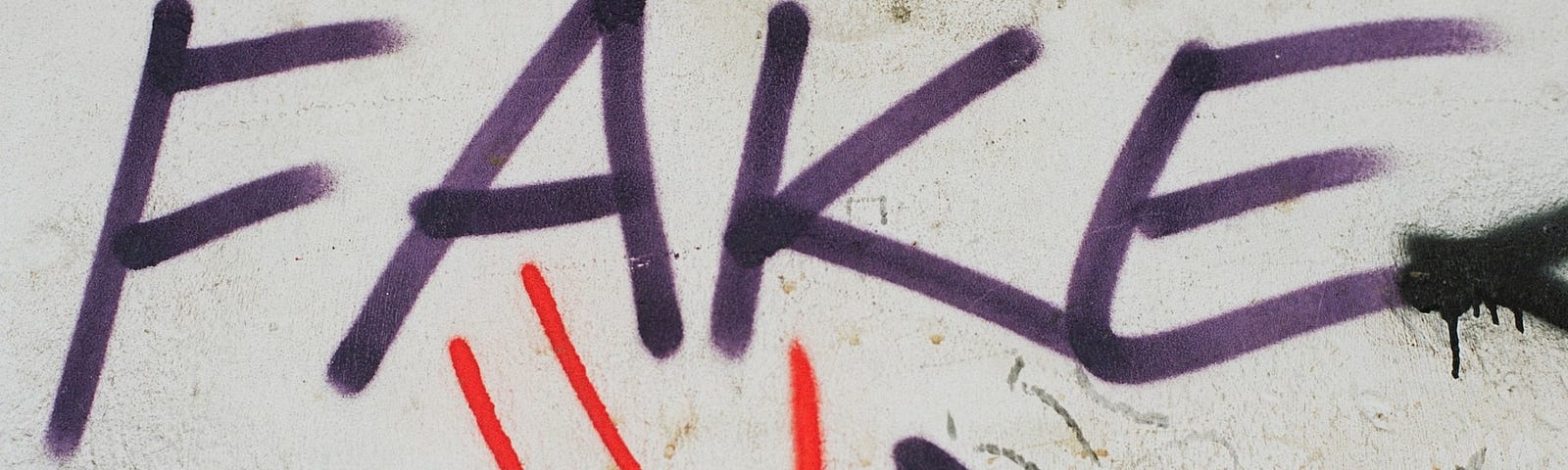 IMAGE: A graffiti in a white wall with the word FAKE in purple
