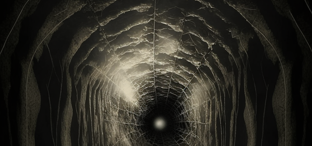 A spooky dark tunnel with spider webs