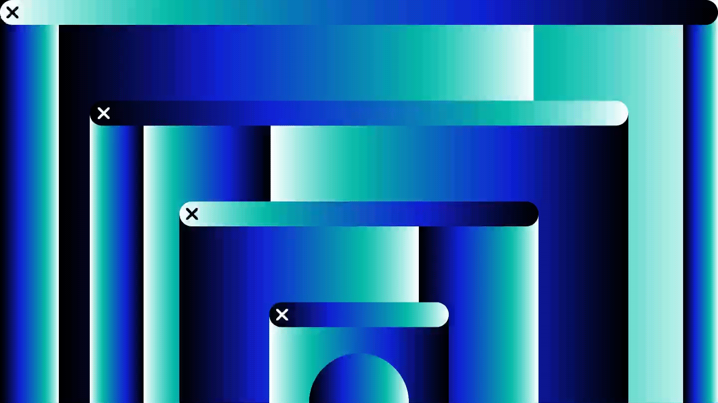Animated abstraction of computer windows with green and blue gradient.
