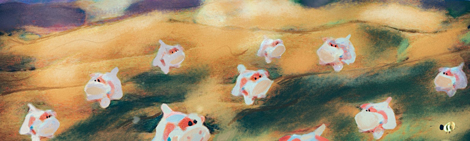 Edris Quinn C’s fanart of Strawberry Cows by Pillowpets. The strawberry cows are grazing in a field.