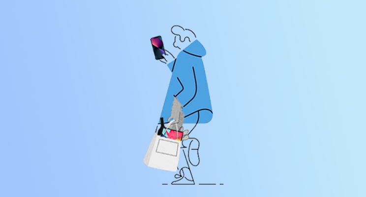 Image of a person with a new iPhone in one hand and an Apple store bag in the other with an iPad and wine bottle peeking out of it.