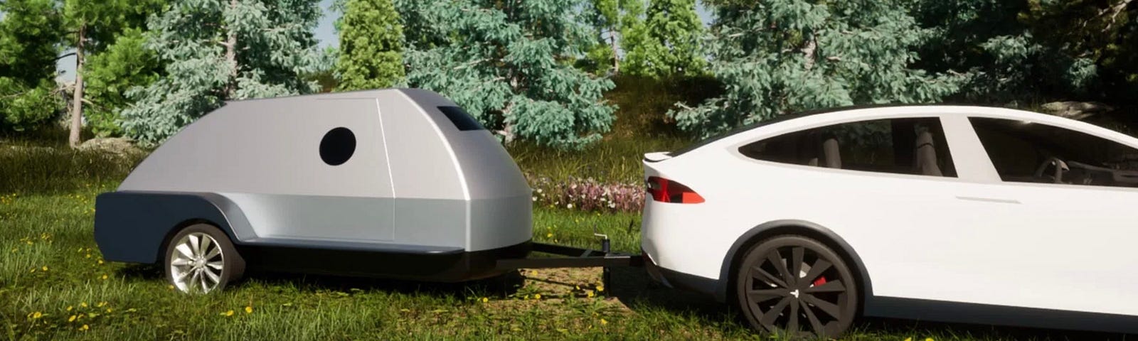 An electric vehicle towing the Boulder Teardrop Camper from Colorado teardrops.