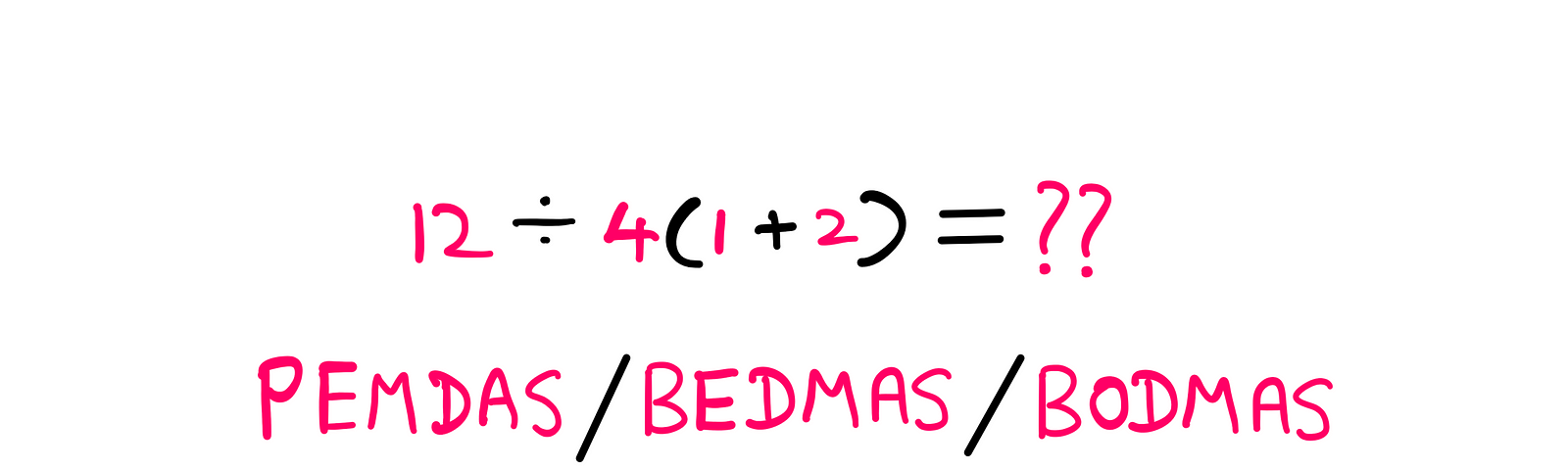 How To Really Understand Order Of Operations — An image with the following question: 12 ÷ 4 (1 + 2) = ?? Below this equation, the following text is written: “PEMDAS/BEDMAS/BODMAS”