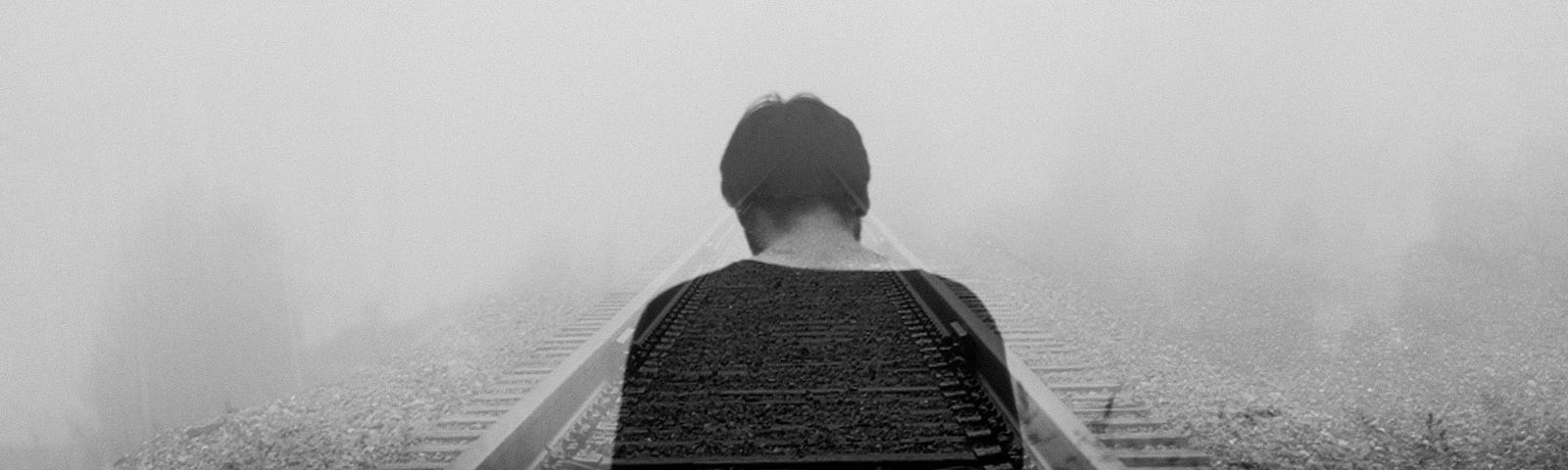 Greyscale photo of man wearing black tshirt, deeply in thought over a railway line