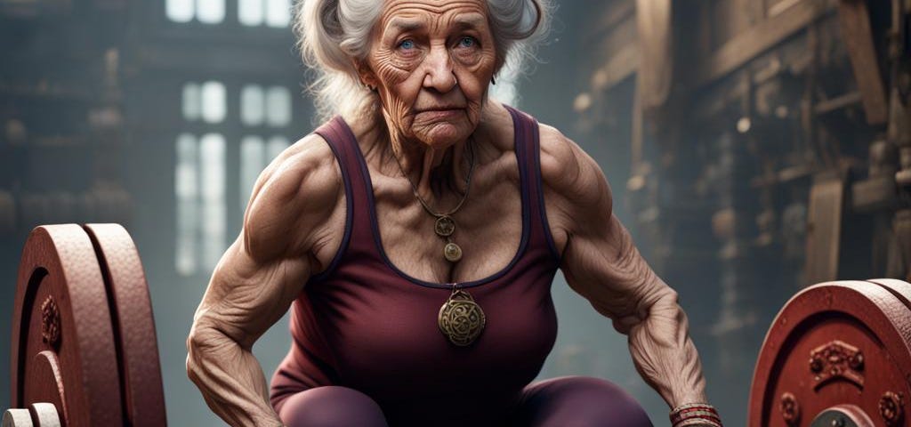 Old lady weightlifting in gym