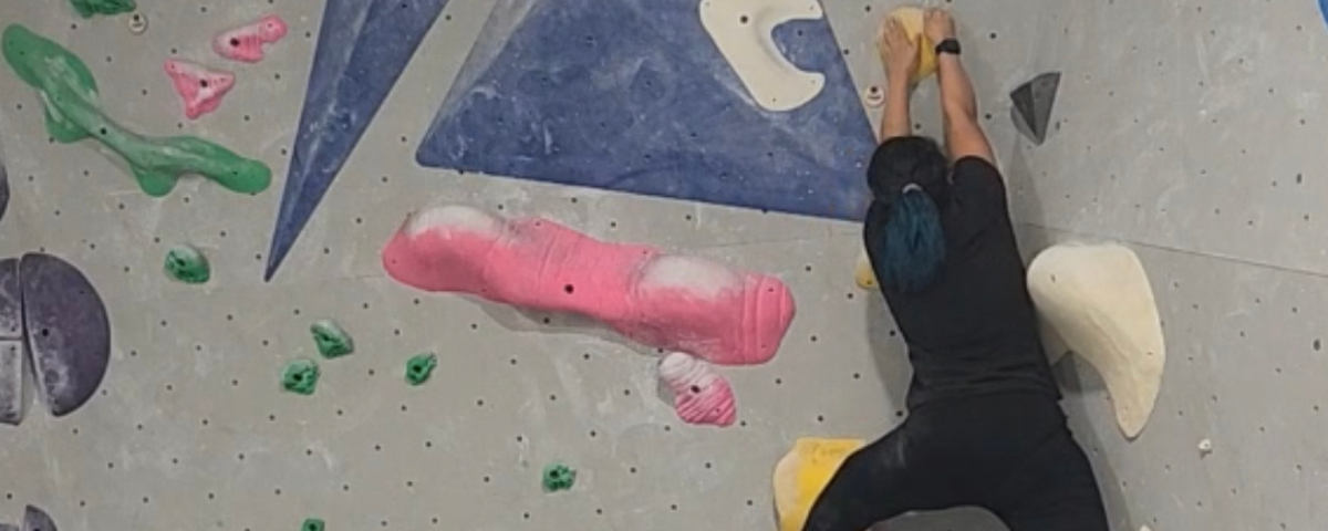 author climbing a rock wall at the gym