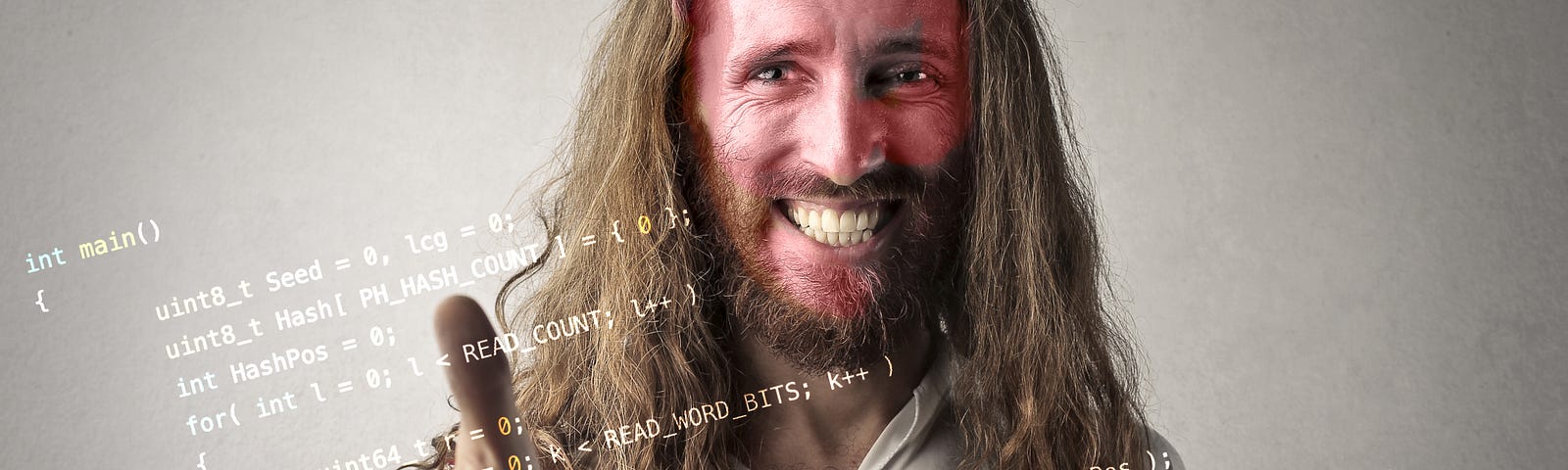 Image of Jesus licensed through Adobe Stock. Code image created from code on GitHub via open source MIT license. Photo smashup by author