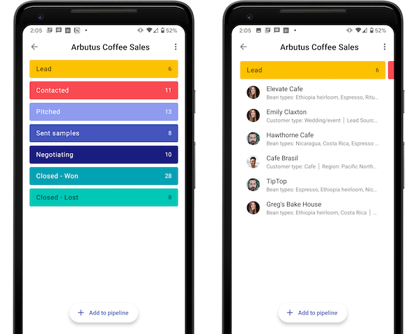 side-by-side android screens with a list of stages on the left and boxes in the “lead” stage on the right