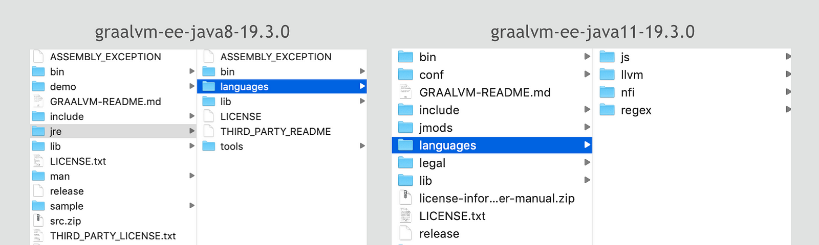 Difference in the location of the languages in JDK 8 and JDK 11 based GraalVM 19.3