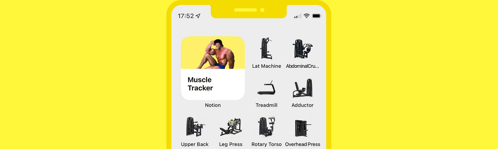 Screenshot of a custom iOS app screen, with a grey background, the notion widget and thumbnails for the exercises that lead to their own shortcut