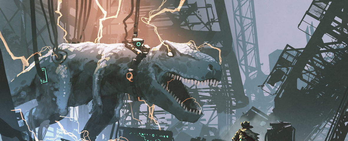 Image: A t-rex with cybernetic enhancements facing off against a sci-fi cowboy. Yeehaw!