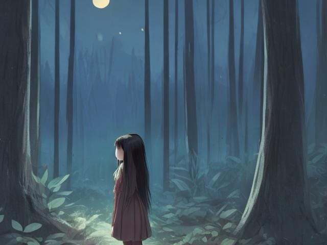little girl in forest alone at night