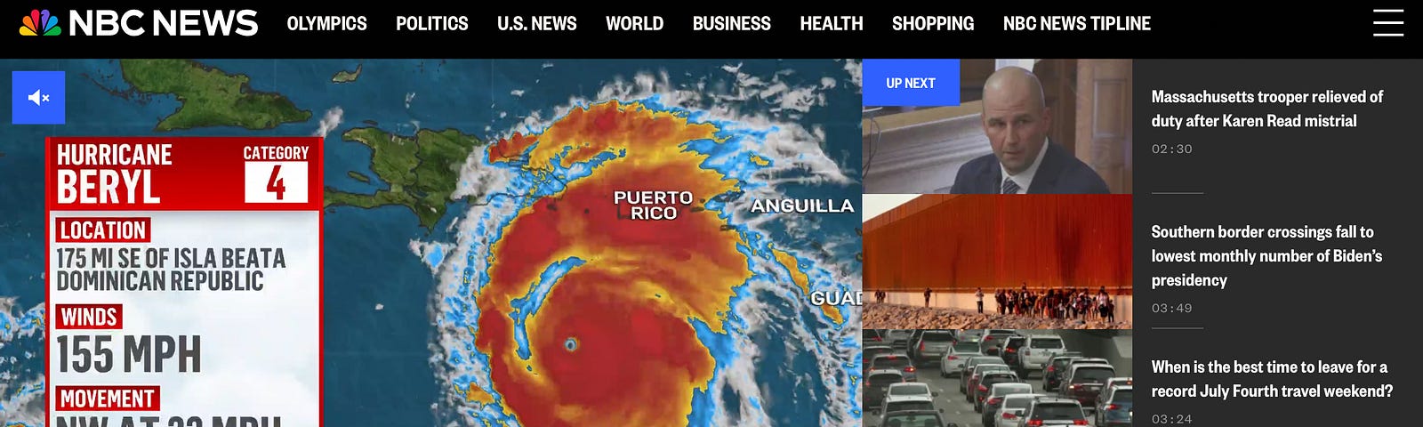 Screenshot of NBC news live hurricane tracking video.