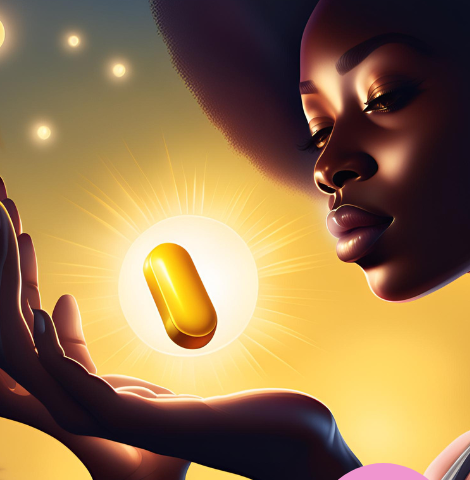 A black woman stares at a yellow pill.