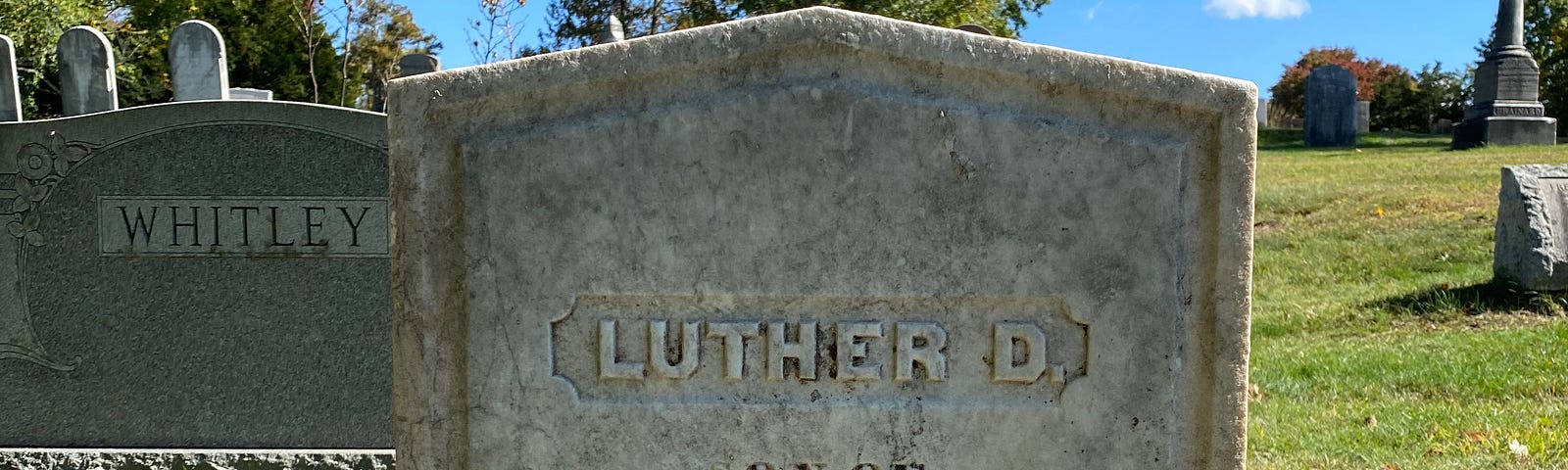 An old tombstone reads “Luther D son of Daniel and Caroline Crowell died July 11, 1864 Aged 16”