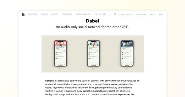 The featured page of Dabel on BetaList.com.