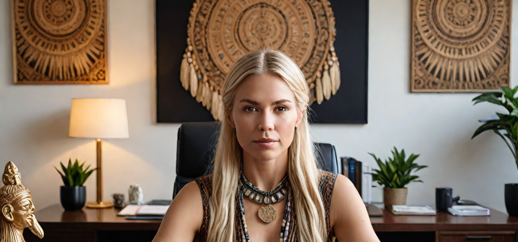 Alina Pitt in her Office in Sydney with Money on her Desk