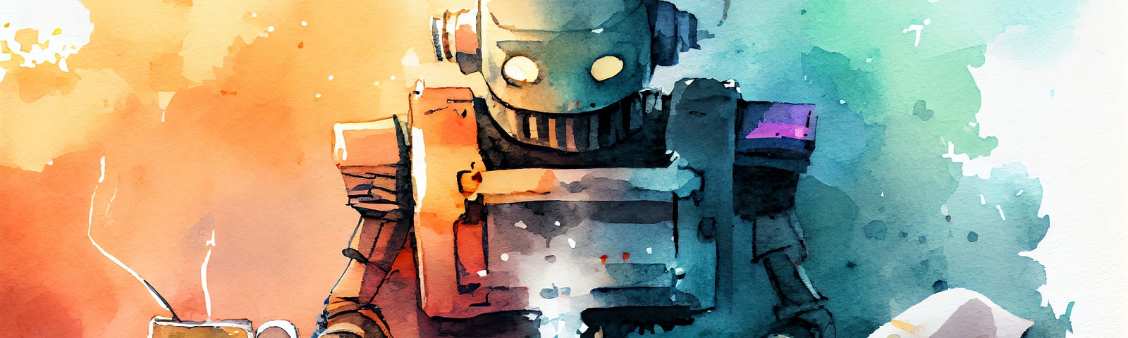 Watercolor image of a robot reading a physical book with a steaming cup of tea next to it.