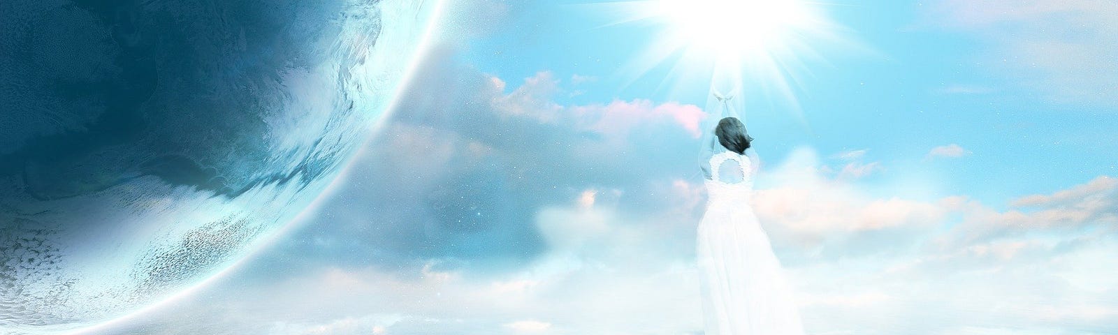 A blue and white image of a person in a long white dress walking into the sky.