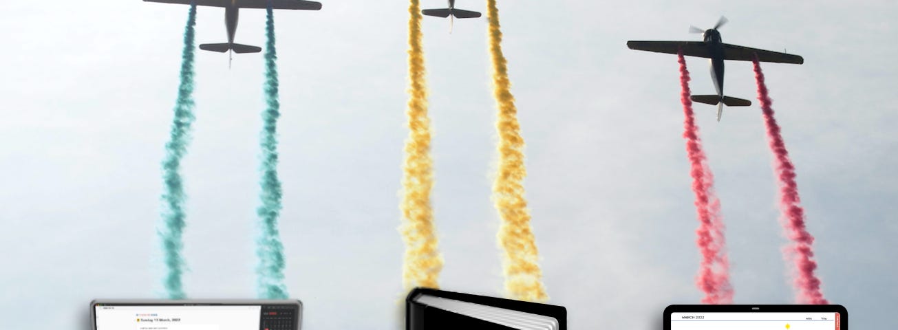 3 old-style airplanes at the top of the page, with 3 different colour smoke trails, red, yellow, green, looking like they’re coming from a laptop, a paper notebook, and an iPad