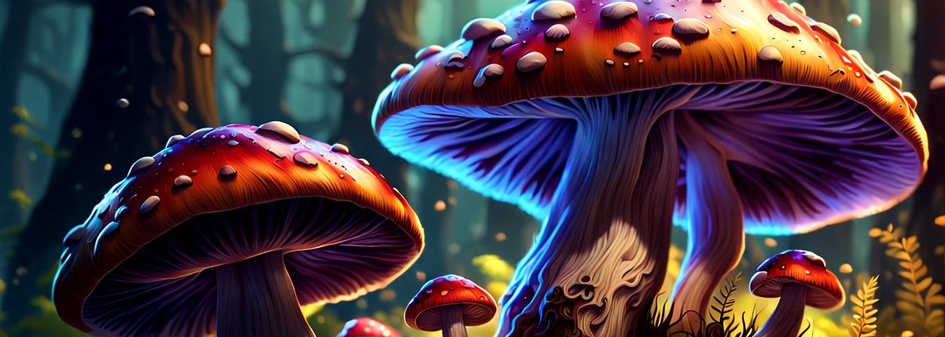 mushrooms with smiling face, hypereal fantasy art
