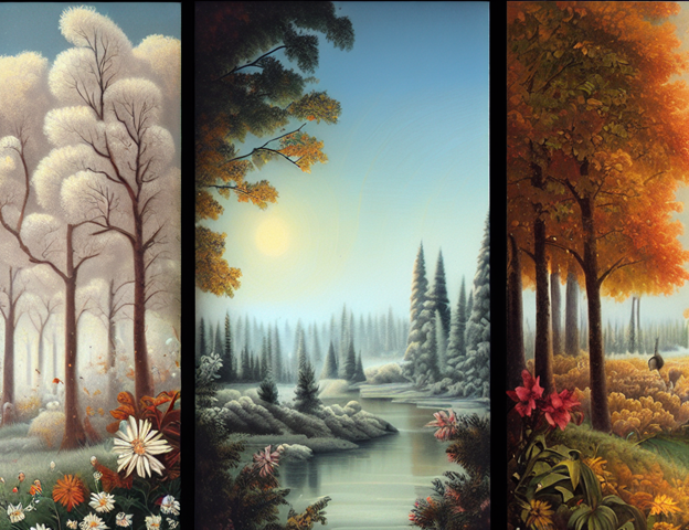 A triptych depicting a forest and river across three seasons