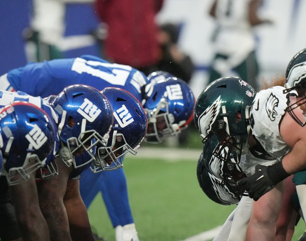 Giants defensive line lining up against the Eagles offensive line.