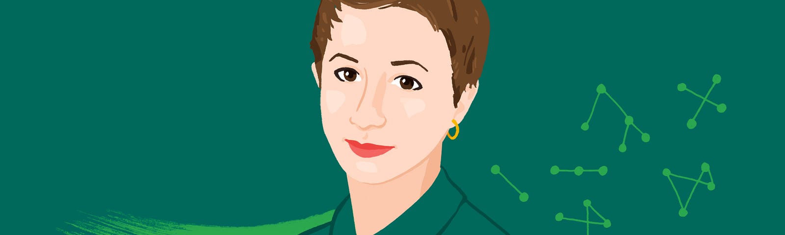 Illustrated portrait of Sarah Gold in a brushy style and shades of green