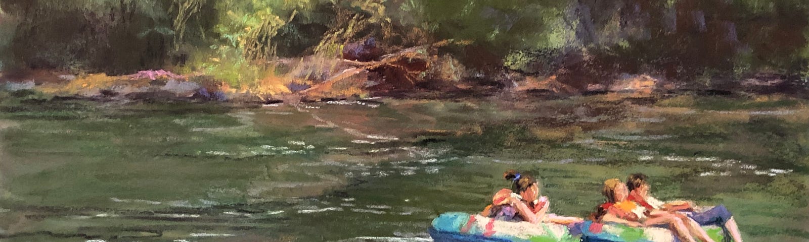 People in rafts on the Toccoa River — pastel painting by author Marsha Hamby Savage.