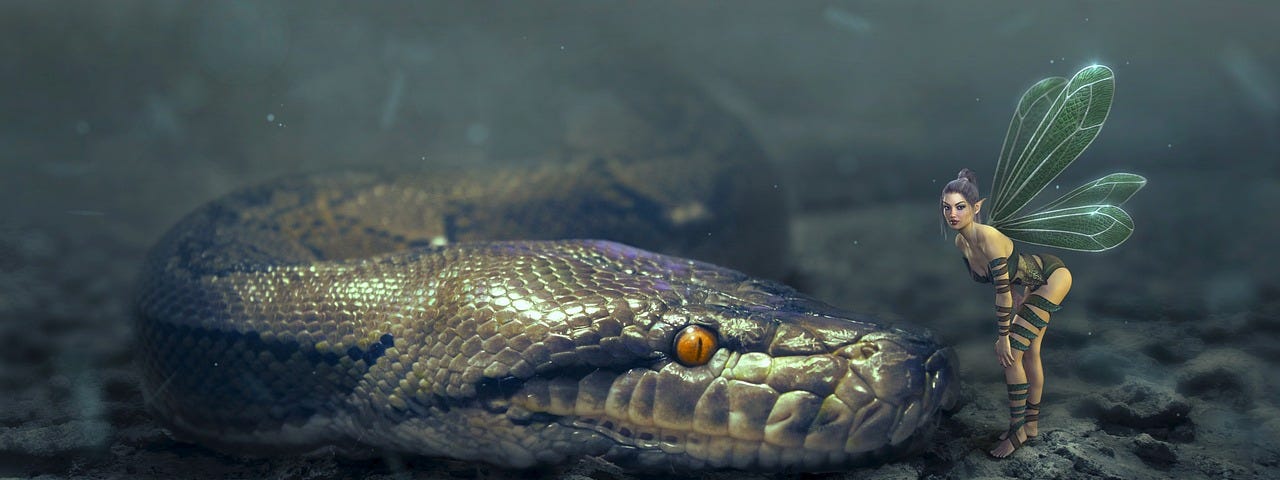 A large serpent with bright yellow eyes, laying in the dirt. Next to the serpent’s head is a tiny elf with green wings.