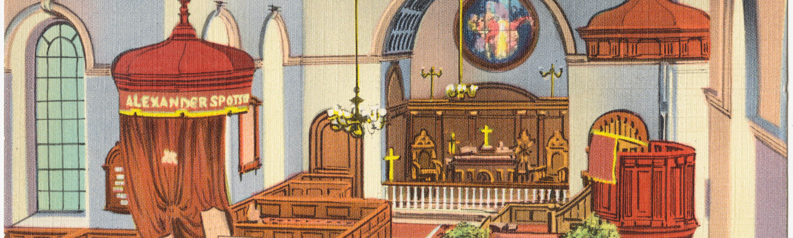 An original postcard shows the interior of an historic colonial church — with altar, stained-glass windows, preaching loft, and a large chair for the governor. There are wooden box pews for the parishioners.