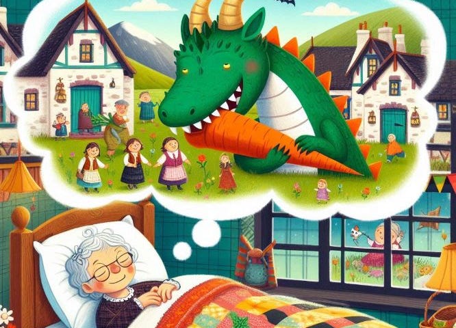A children’s book illustration of a cozy cottage bedroom. A grandma is sleeping in her bed covered by a colorful quilt. The grandma is dreaming about a snaggletooth dragon eating a large carrot. He is standing in the middle of a Scottish village surrounded by happy villagers. In the style of Maurice Sendak, the illustration shows grandma’s dream in a thought bubble .